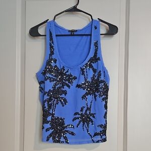 Express Blue Sequin Palm Tree Tank Top